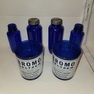 Vintage Cobalt Blue Glass Apothecary - Bromo Seltzer with 2 Bromo Water Glasses